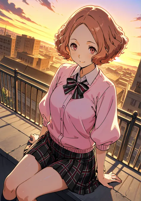  Ultra High Definition、 Beauty、ペルソナのOkumura Haru、Okumura Haru、 Persona 5、  Highest quality、 Smile、School、Schoolのrooftop、rooftop、field、skirt