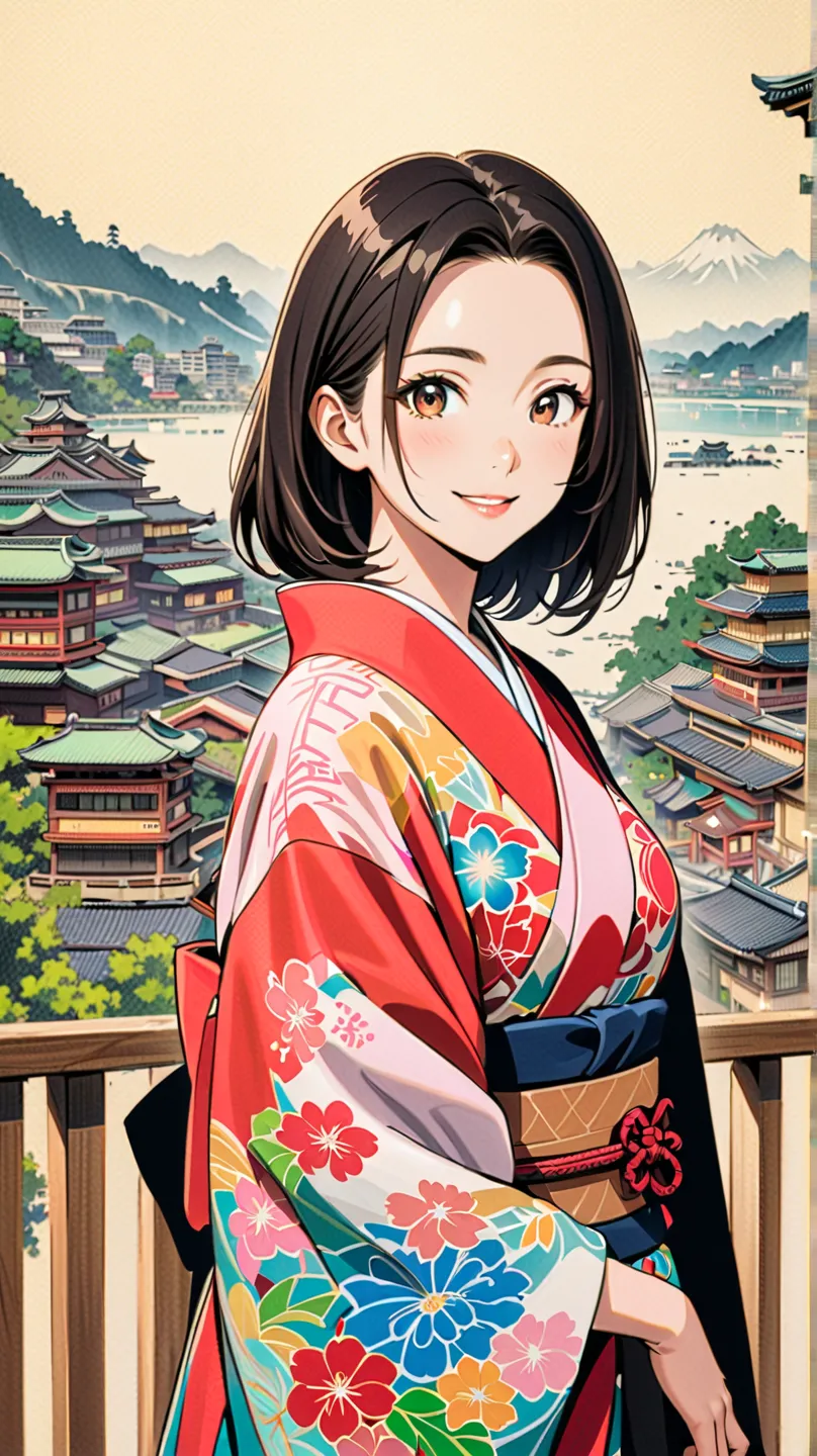   young woman, Beautiful woman wearing colorful Japanese kimono,   Brownish Black Hair  , Japanese painting, anime art, Colored pencil drawing、Using the state of future cities in the background、Facing the front with a smile、