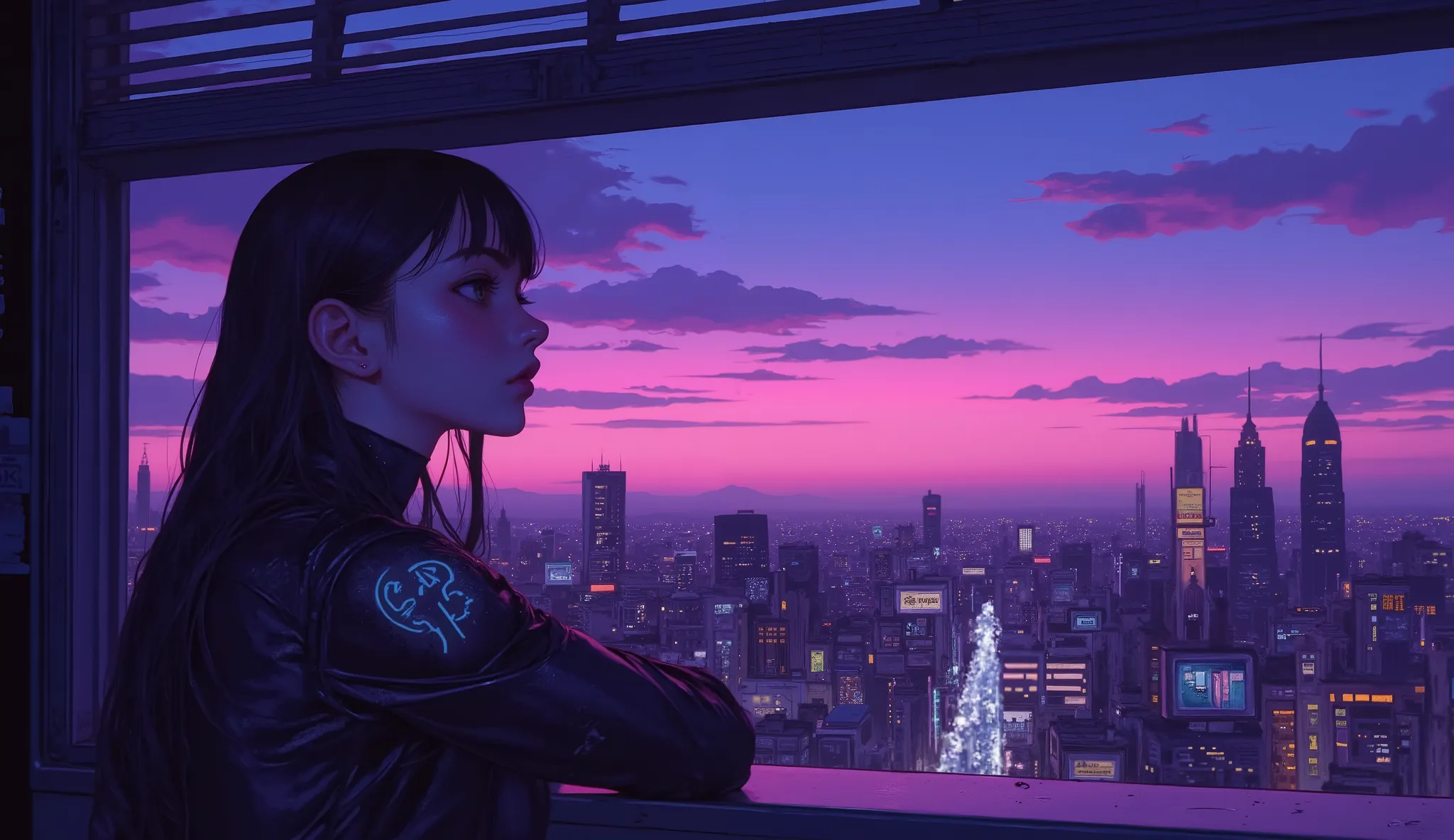 Highest quality　Ultra delicate　Japanese anime anime　 one pretty girl　　Strong shadows 　contrast after screen action 　サイバーpunk　punk 　Emotional　Sadness　sunset　Twilight　Purple　I'm staring at the sunset