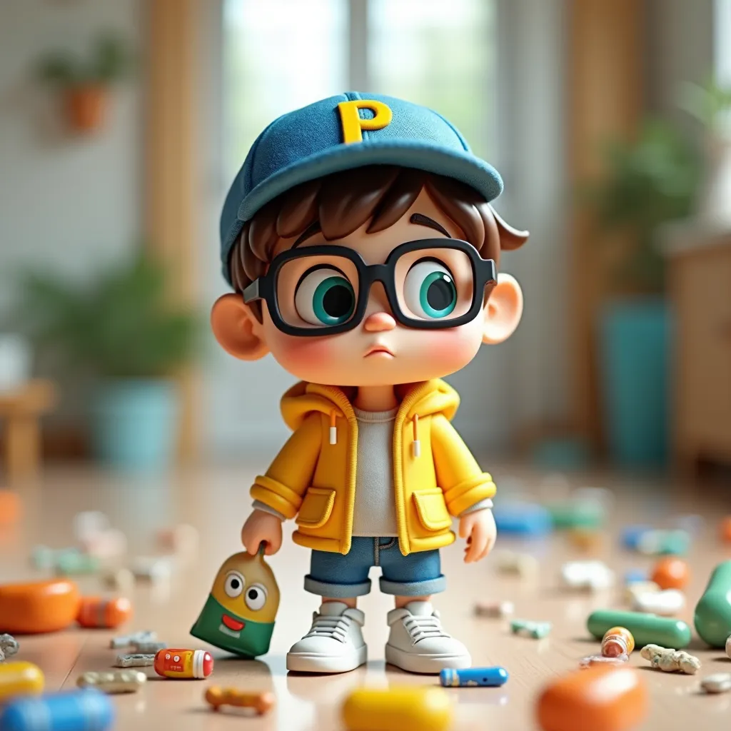 Create a 3D cartoon, Art Toy, Chibi style, a Cute boy with chocolate brown hair wearing a blue denim baseball cap with the word "P" embroidered embossment in yellow color on the cap. He has large blue-green eyes, wears black square glasses and is wearing a...