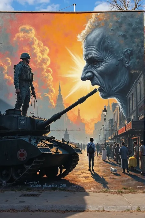 This image is a graffiti artwork that illustrates the contrast between war and peace, suffering and innocence.

Visual Analysis:

1. The War Element (Left Side):

A soldier holding a weapon stands on a tank, with planes flying in the sky.

Smoke and fire r...