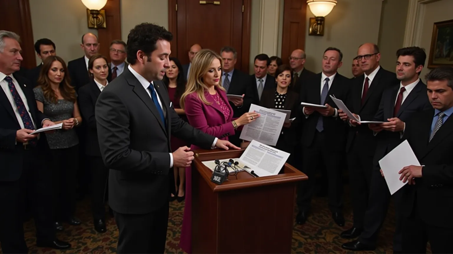 The Comeback"
A packed press conference, where Jessica Carter stands at a podium, holding up a folder of evidence. Flashing cameras and reporters taking notes surround her. David Johnson, now realizing the truth, stands beside her with a serious expression...