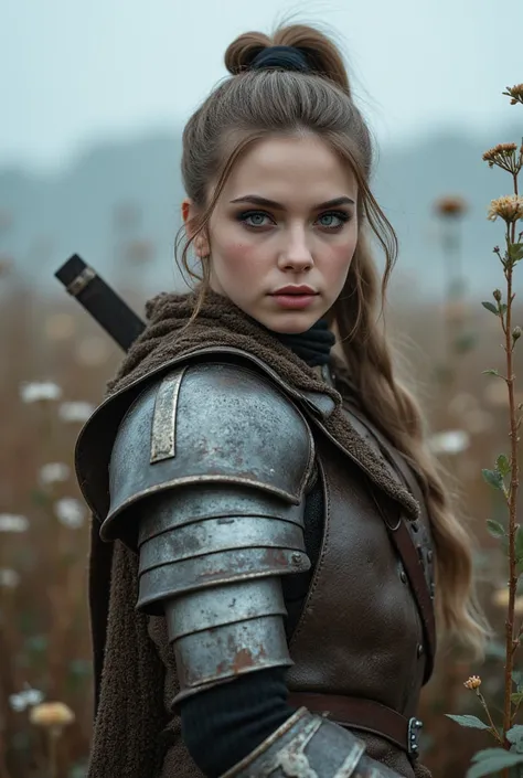 Viking warrior girl,facing viewer,medieval armour,Waling through field of flowers,heavy snow,Natalie dormer, Ethereal,Portrait,Closeup, portrait,girl posing,Closeup candid photo,Hailee steinfeld  and Maddison beer ,,Closeup,Young ,Voluptuous,,Youthful , ,S...