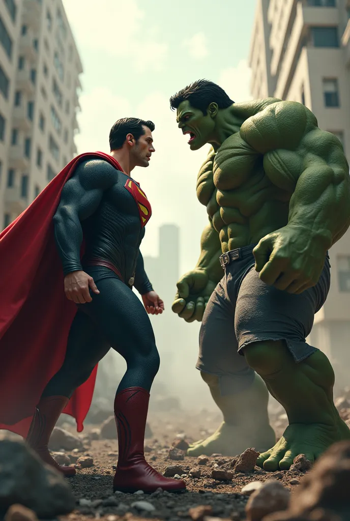 Create an image of Superman facing the Hulk , in a chaotic setting of a destroyed city 