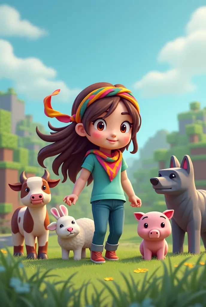 Tie one around her hair and brown hair with cow, sheep, rabbit, pig and wolf around her in the format of the Minecraft game to use as a profile