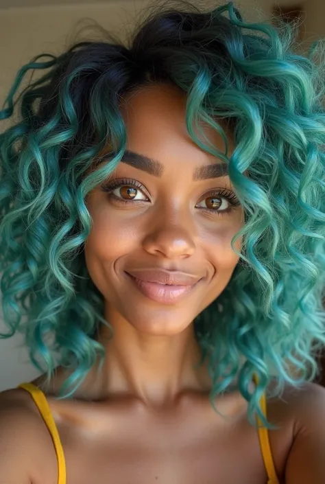 A 20-year-old woman with rich chocolate-toned skin, 165cm tall, taking a selfie. She has curly green hair with light blue highlights, striking honey-colored eyes, and a confident smile. The background is blurred, focusing on her vibrant hair and expressive...