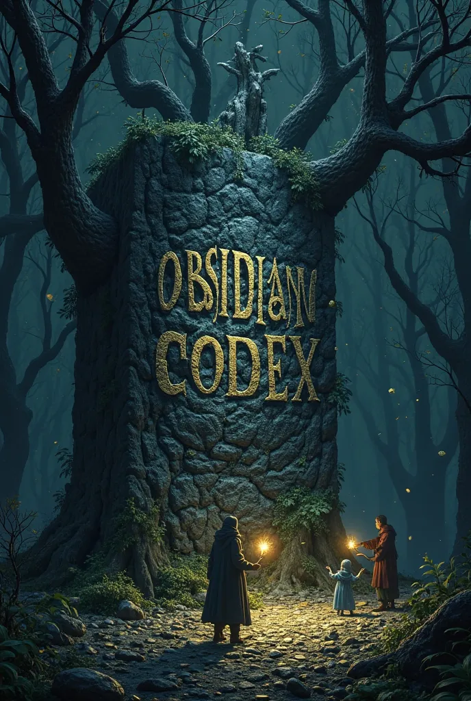 generated images with the prompt: 'YouTube channel profile picture for Obsidian Codex, featuring a dark, mysterious forest illuminated by a single light source, where the words "Obsidian Codex" are carved largely and boldly into an ancient, obsidian-black ...