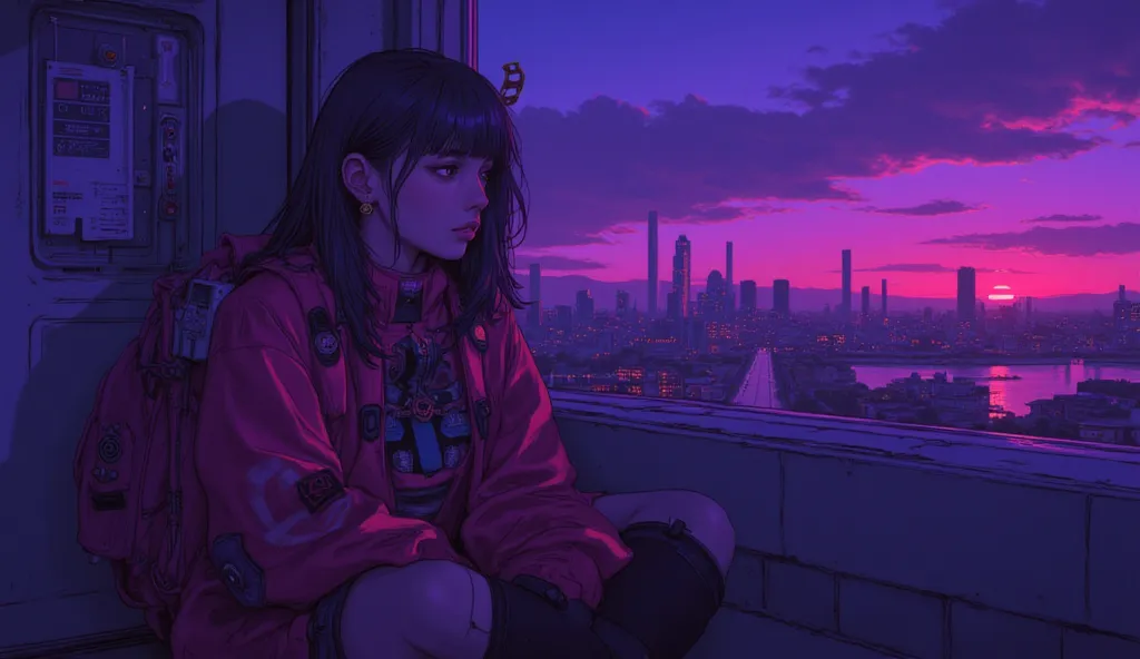 Highest quality　Ultra delicate　Japanese anime anime　 one pretty girl　　Strong shadows 　contrast after screen action 　サイバーpunk　punk 　Emotional　Sadness　sunset　Twilight　Purple　I'm staring at the sunset