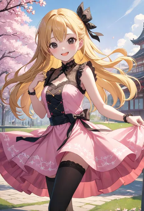 A happy age/young adult anime-style character with bright golden blond hair, deep black eyes, and fair white skin. The character has a distinctly feminine appearance, with soft facial features, a slender figure, and a graceful posture. She wears a pink dre...