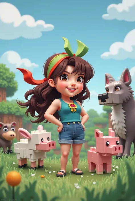 Make one with a bow on your hair and brown hair and a purple explorer outfit with a cow, sheep, rabbit, Pig and wolf around her in the Minecraft game format to use as a profile