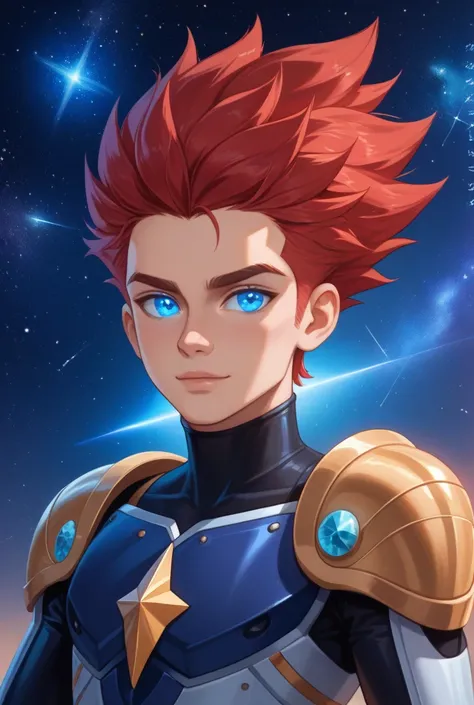 

A young youth about 21-24 with a matured look, and well built body, spiky red hair and deep blue eyes floats in space, hands slightly out spread with a Godlike look, he is clad in sleek mechanical armor streaked with gold and silver. Cosmic energy swirls...