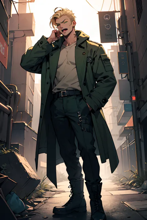 1Men, Solo, slim and tall; longe Blonde Hair; green Eyes; dark green futuristic coat, Belts on cloth, cyber city background, hand in pocket, holding a coffee, one eye closed,yawning, high bootswith belts, night,