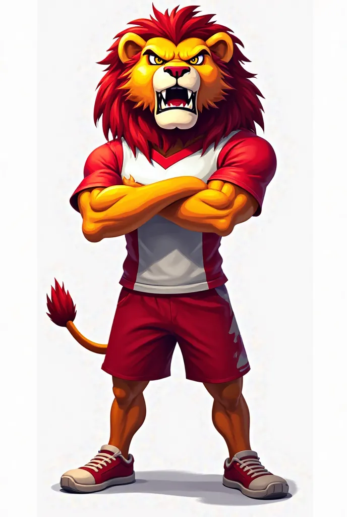 A lion mascot of a
e-sports team. The lion is using
a red and white uniform. shirt
Red and white with a gradient between colors.  red shorts .  Meião Branco.
The lion has an angry face. Ele
standing with arms crossed. Pose
Of power. The background is clear...