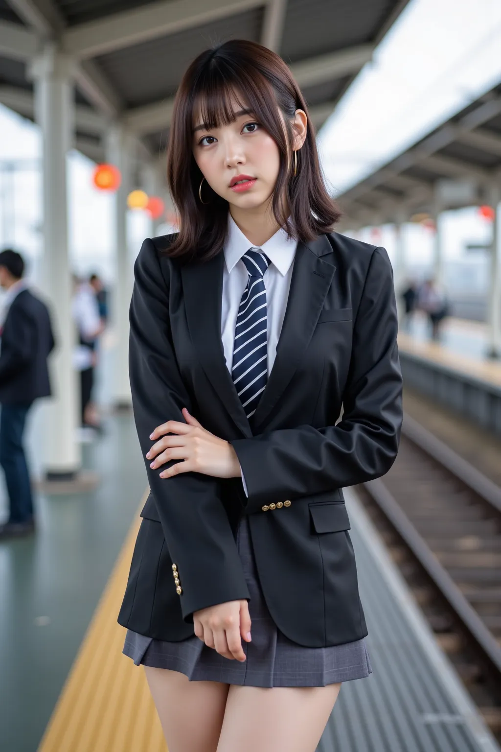 　 best image quality、score_9,  score_8_ up 、masterpiece、1 Japanese girl、high school girl、uniform、 blazer、miniskirt、full body、(thick thighs:1.4)、lure、 station platform、 Panchira