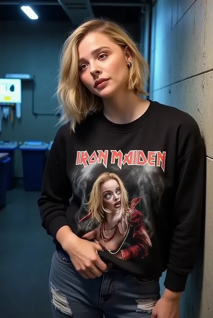 chloé short hair who wears a iron maiden t-shirt and ripped jeans flirt