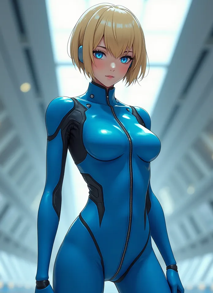  1girl , blue latex jumpsuit, Android 18, Blonde,Cheveux Courts, blue eyes , anime,