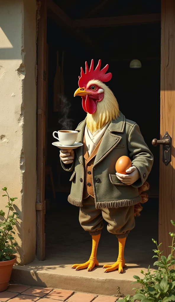 In front of the farm door, a chicken of humble origin, but dressed as a true country nobleman, tasted her coffee with elegance. On the other arm , held an egg as if it were a trophy, symbol of her journey and achievements. The warm aroma of coffee mixed wi...