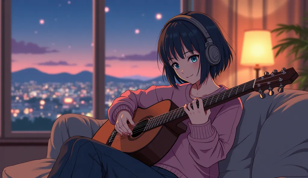 "A highly detailed anime-style digital painting of a young girl sitting on a cozy sofa, playing an acoustic guitar. She has short black hair and deep blue eyes, wearing stylish over-ear headphones. She is dressed in a soft pink sweater with rolled-up sleev...