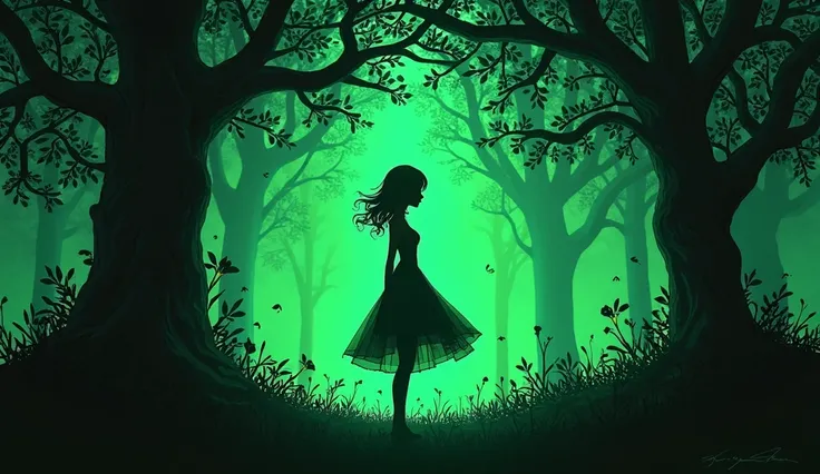 (Silhouette Art,Anime Beauty) (((paper craft,A world where only black exists:1.3)background、fantastic green light