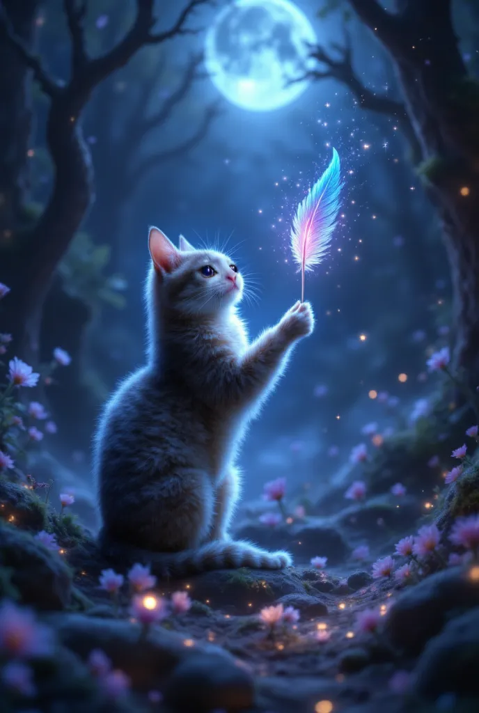 {{A ((magical and dreamlike)) depiction of {((a mystical cat with glowing eyes, playing with a floating feather that shimmers with soft light as it hovers in mid-air))}}} with {((the feather trailing sparkling dust and the cat’s paws leaving faint glowing ...