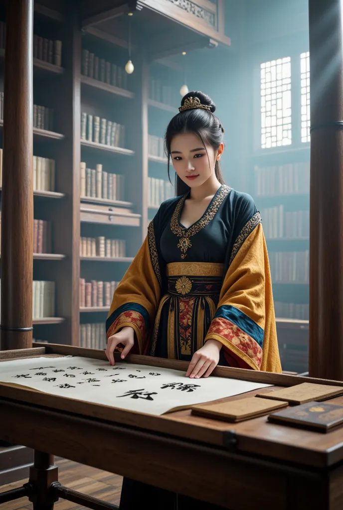 **Prompt:** Create a hyper-realistic ultra-wide illustration that encapsulates a prehistoric Chinese female publisher deeply engaged in her craft, operating a large wooden printing inked stamp press on a pristine sheet of ancient paper. This composition sh...