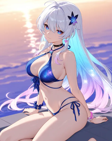 Honkai Impact 3 、Kiana、best image quality、  best thighs、beautiful breasts、Galaxy Eyes、Neon Hair 、 blue swimsuit、 string panties、