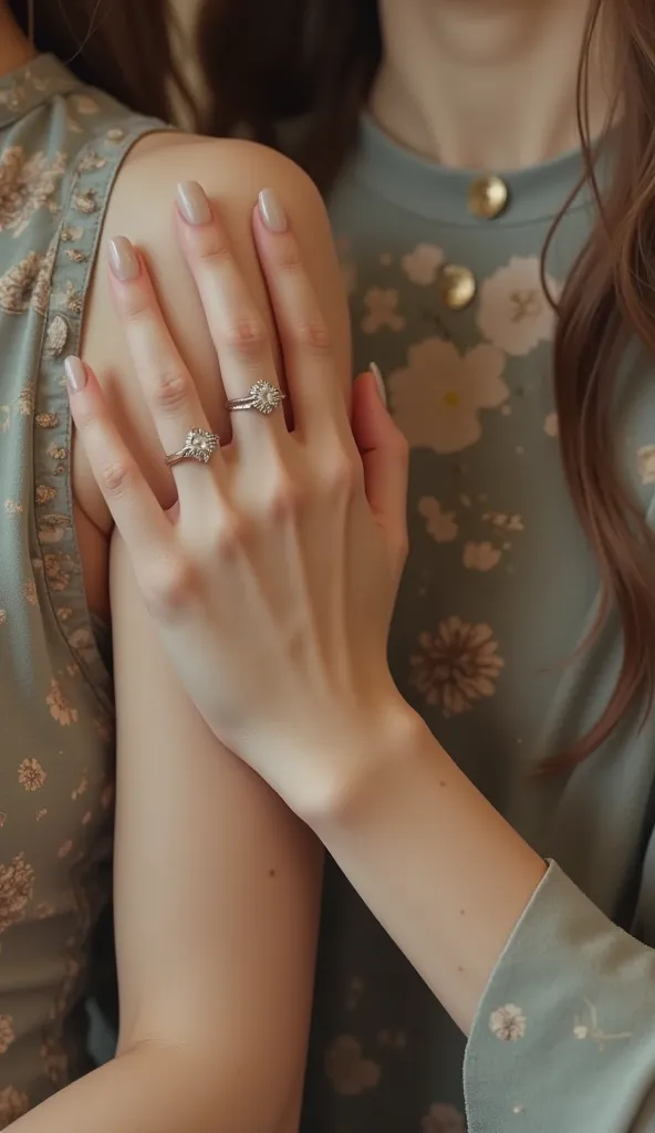 Close-up of a woman's hand resting on another person's shoulder.  A light-skinned woman, young adult, is shown from the elbow down, her hand gently placed on the arm of another person. The hand is shown from the wrist up, and she is wearing a light-colored...