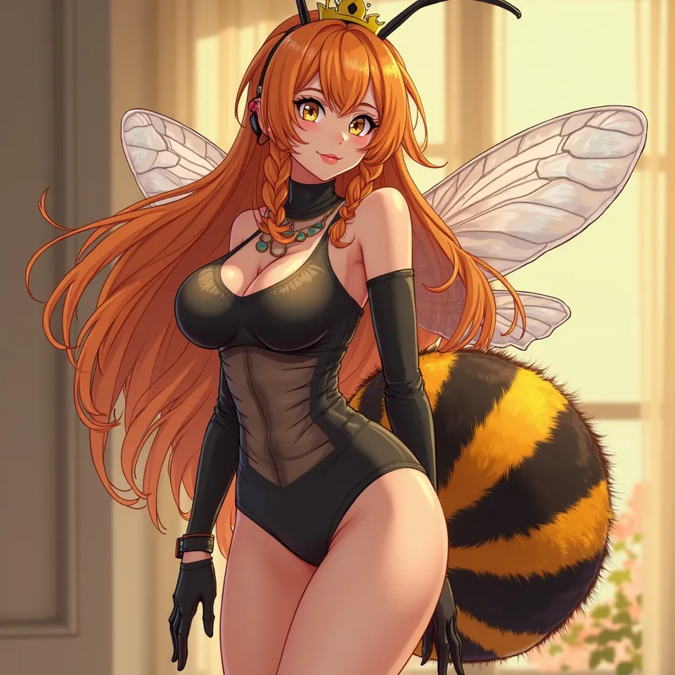 Anime, mommybee half-human-half-bee huge woman with long, orange, fluffy dried hair with few tangles of hair across her face, sharp eyelashes and lovestruck irises. A golden small crown above head and big bee wings. MASSIVE erotic bee-abdomen attached to h...