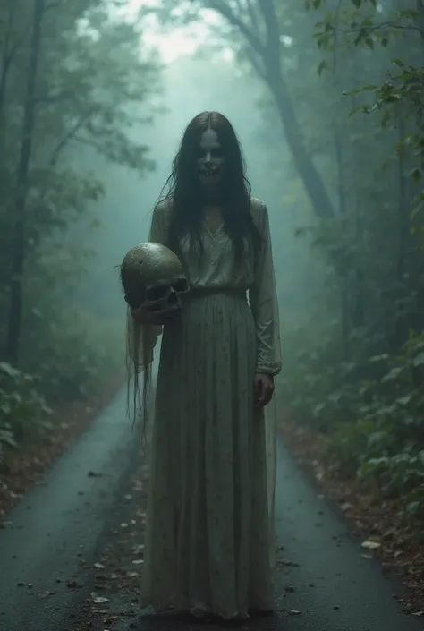 An female ghost in middle of a long road in a a jungle .Her mouth is .she is holding a human head .very scary.haunted 4k resolution, highly detailed character highly detailed image no blurry image.no soft image. No smokey environment 