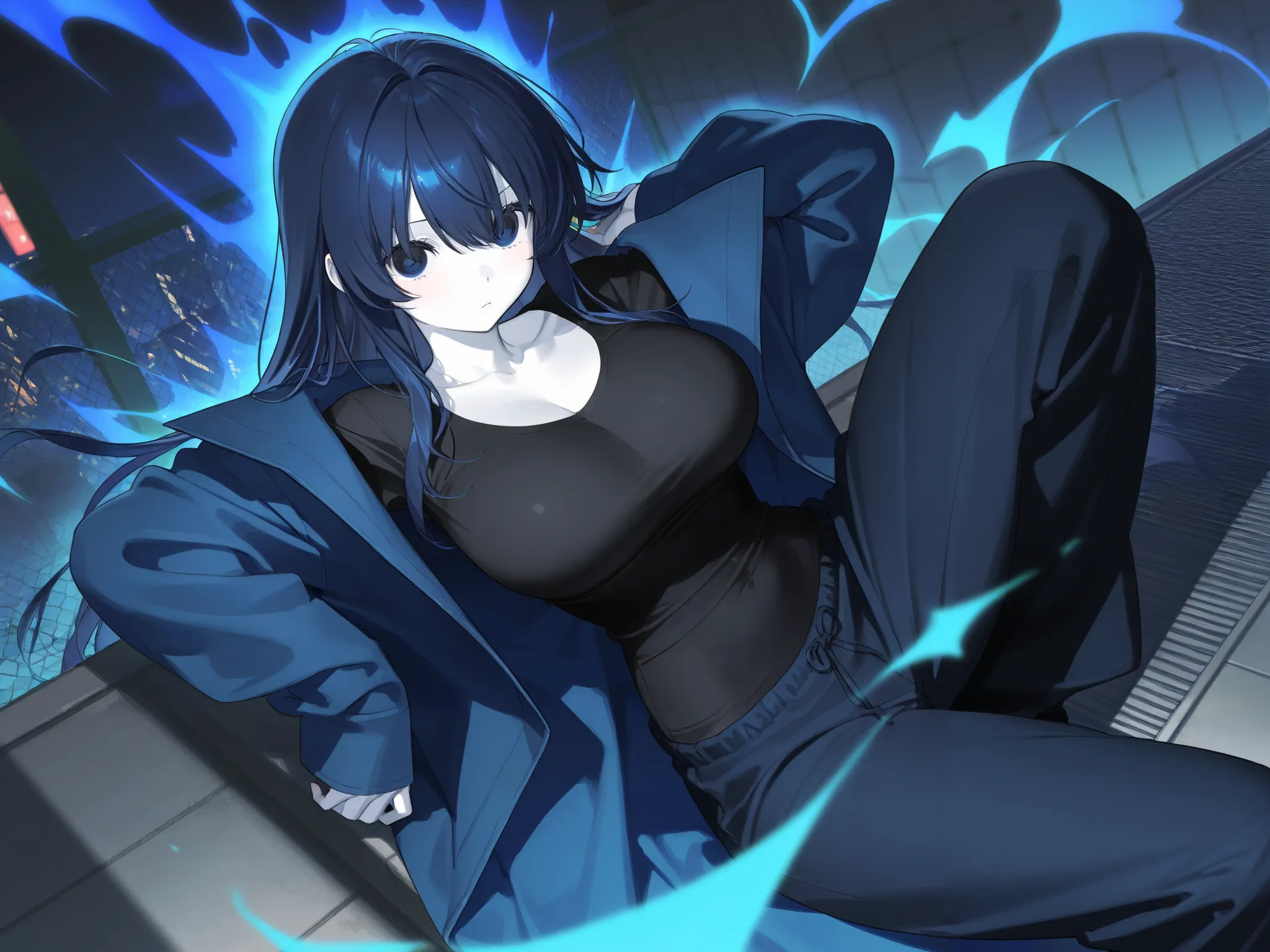 best image quality、High Resolution、 dark blue hair 、dark blue eyes、round and round eyes、 Long Coat 、rooftop、、  black t-shirt 、beautiful breasts、、Blue aura、 long hair、best image quality、huge pants、 white skin、thunder