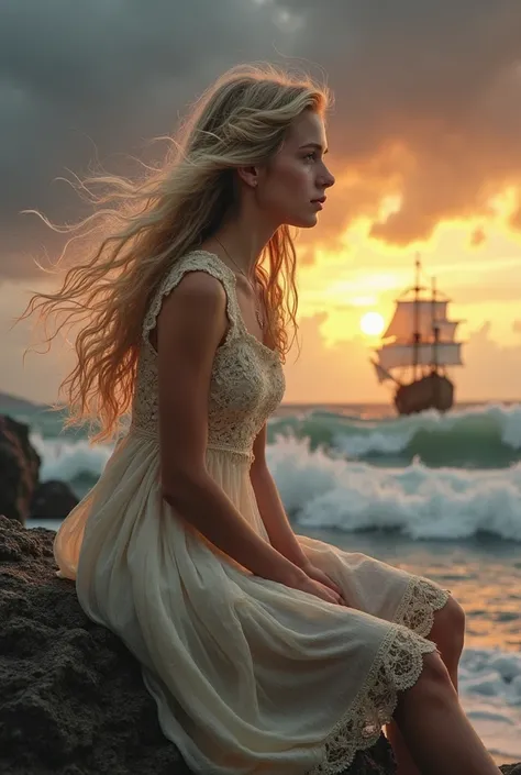 "A young and beautiful girl with long, wavy blonde hair, wearing a cream-colored lace dress with delicate gold embroidery, sitting gracefully on a rugged rock at the edge of a stormy ocean, her hair blowing in the wind, against a dramatic sunset sky pierci...