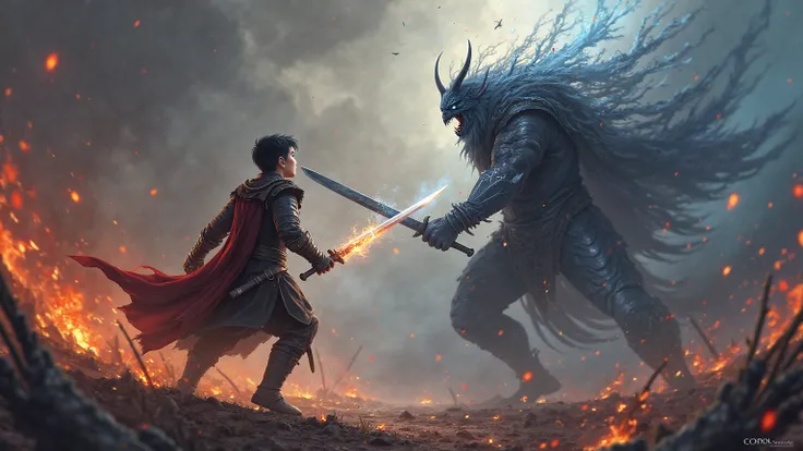 An epic battle between a。An epic battle between a tall, dark-haired young warrior and an evil general, Battlegrounds Attacked by a Storm of Fire and Ice, Rain and Arrows、A duel where swords collide