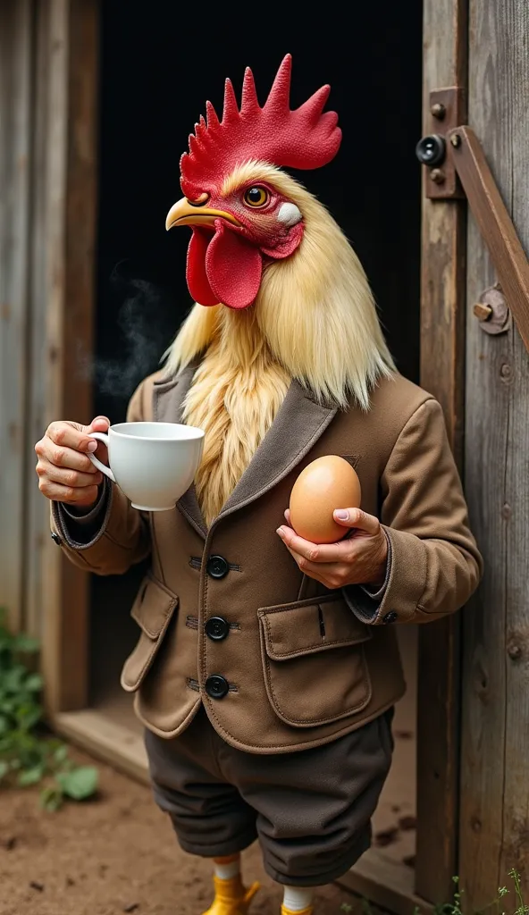 In front of the farm door, a chicken of humble origin, but dressed as a true country nobleman, tasted her coffee with elegance. On the other arm , held an egg as if it were a trophy, symbol of her journey and achievements. The warm aroma of coffee mixed wi...