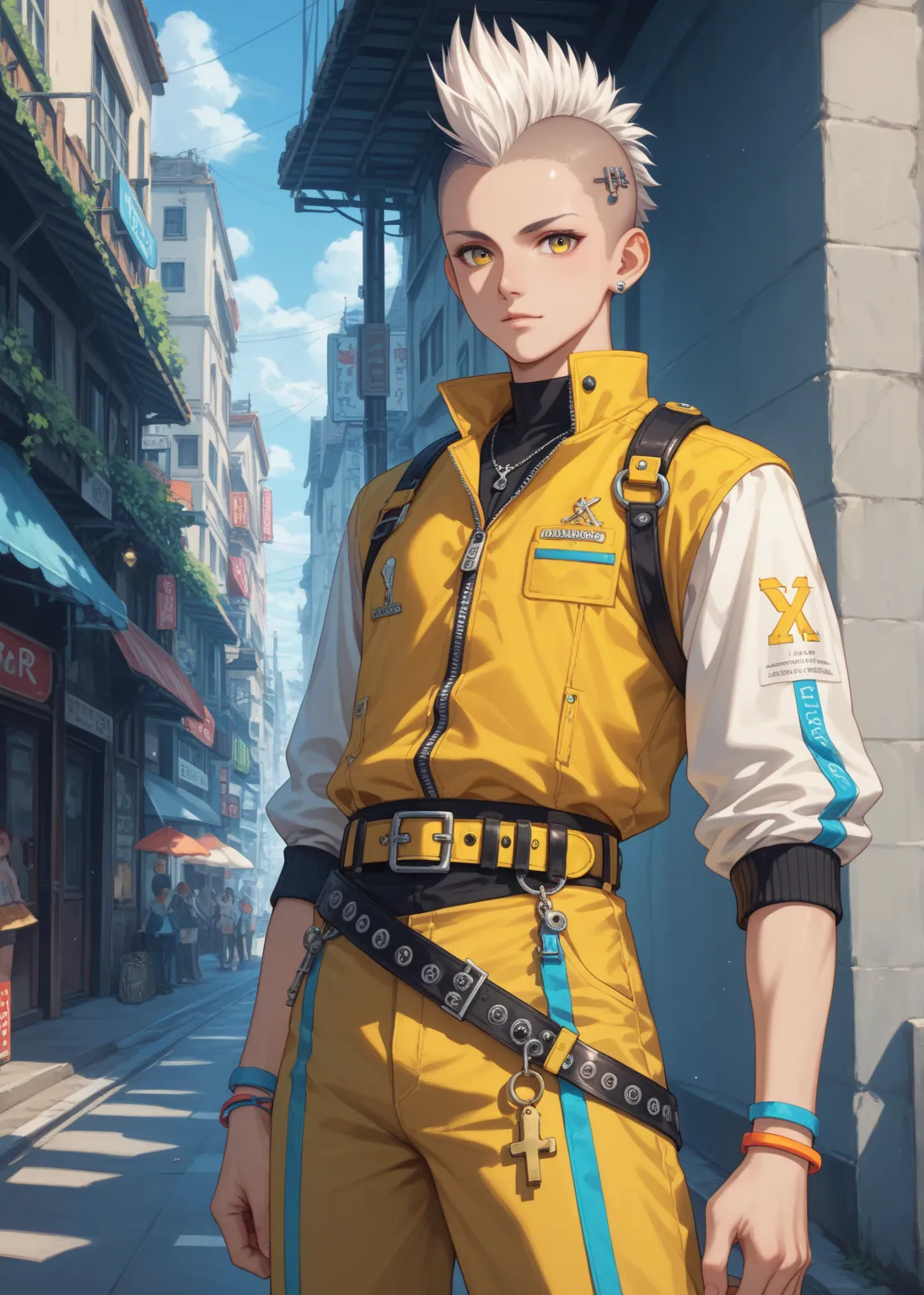 Make a yong and short boy,  old appearance, with a mohawk hair, with white hair, with white and blue and yellow clothes, and keys in waist belt anime style 