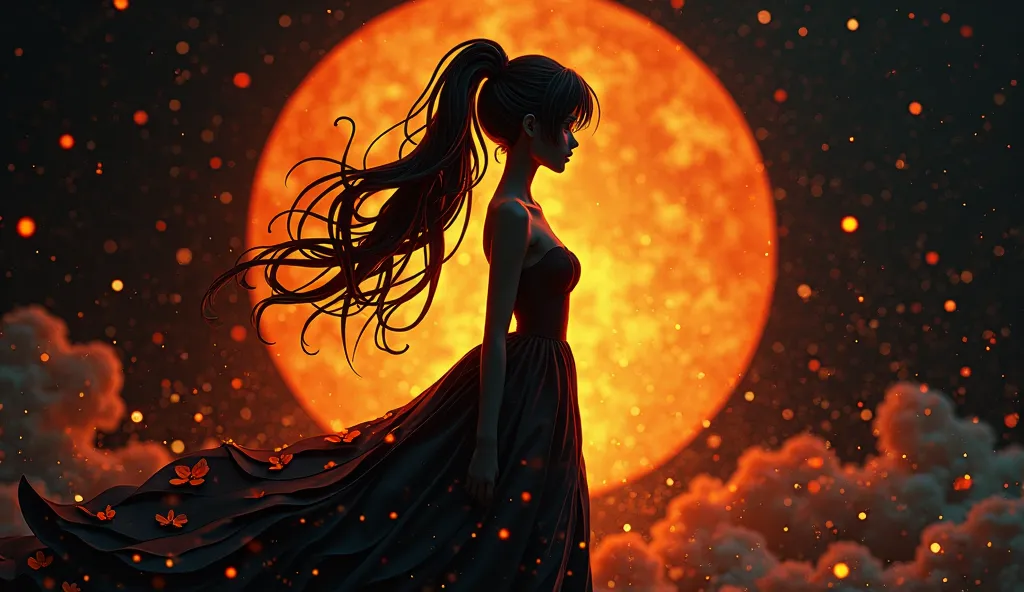 (Silhouette Art,Anime Beauty) (((paper craft,A world where only black exists:1.3)background、fantastic orange light
