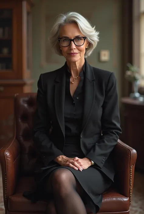 Female 65 years old,Attractive, black lawyer dress with short skirt, Legs with tights,  heeled shoes , blue eyes eyeglasses, stern look ,Legs crossed seated,  realistic image,  full body,He has to