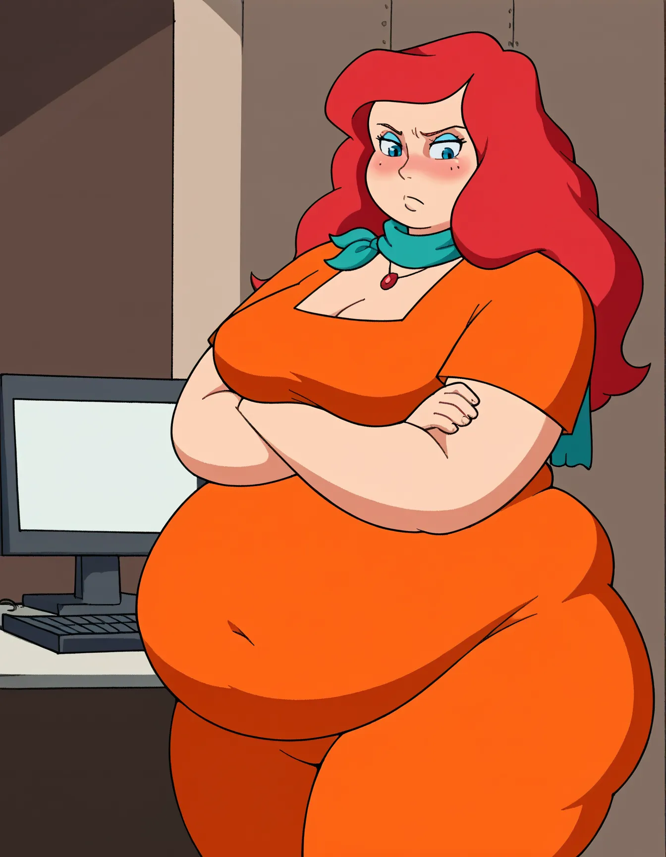 score_9, score_8_arriba, score_7_arriba,   source  _animated, 1 girl(big fat body), A big belly covered by clothes, red hair, Alone , jeweler&#39;s, make up, blue eye shadow, neckline,  scarf , medium breasts, in jail wearing an orange jumpsuit,(clothes th...