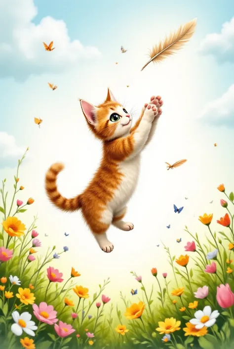 {{A ((whimsical and heartwarming)) depiction of {((a wide-eyed kitten leaping into the air, batting at a floating feather caught in a gentle breeze))}}} with {((a soft swirl of air carrying the feather, and the kitten’s tail curling with excitement))}. Thi...