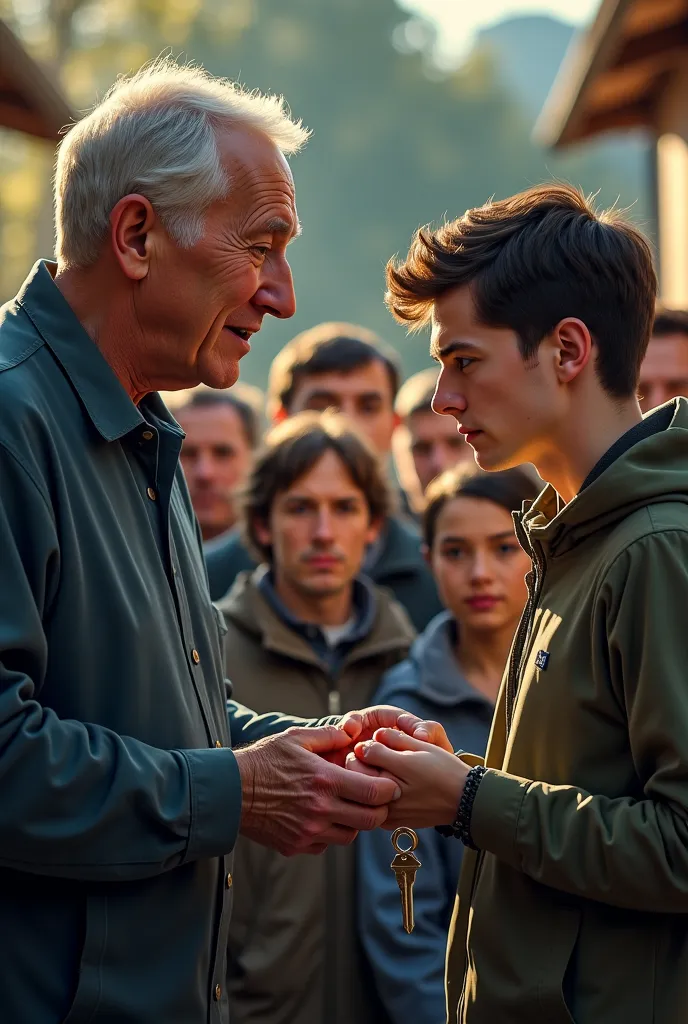 A tearful man giving keys to a house to a 19-year-old young man in front of a group of people