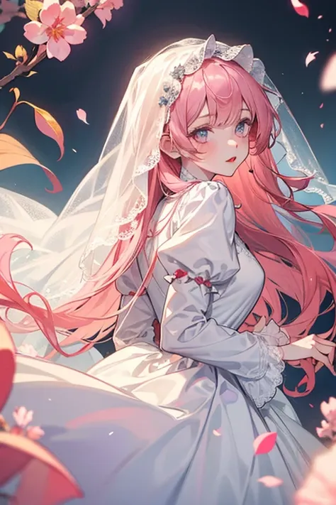 A girl with long peachy pink hair with bangs. Lilac eye, red lips, pale white skin, white dress with puffy sleeves. White veil