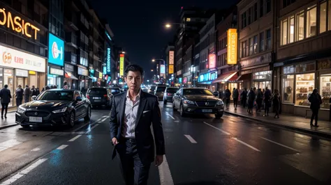 "A successful businessman walking through a modern city at night, surrounded by luminous signs and luxury cars, with a determined eye from those who assumed their wealth as inevitable."

