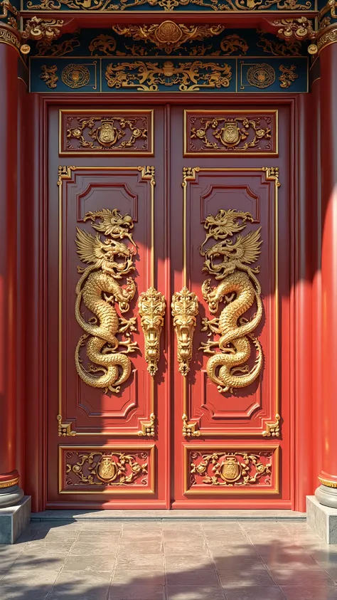 Ancient Chinese palace gates, vermilion red with gilded gold accents, massive symmetrical doors adorned with intricate dragon-phoenix carvings, golden door knockers shaped as mythical beasts,   