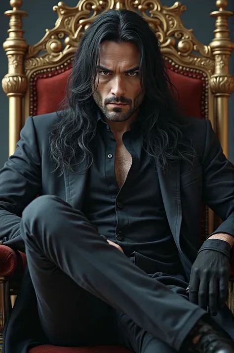 Handsome and intimidating man with gray eyes, Deep Miranda, long black hair sitting on a throne