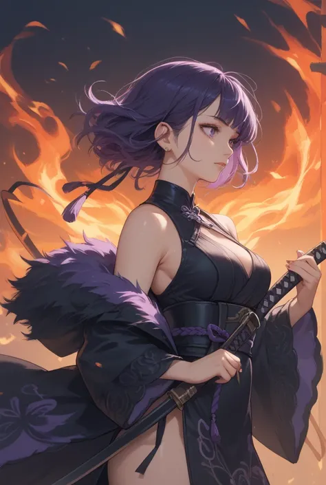 Tall girl with black and purple hair , anime , Dark violet fire katana