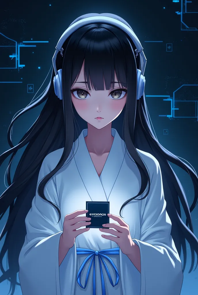 Create an anime-style wallpaper resolution 1080 2348 female character with white robe headphones and black hair holding an Exynos processor symbol and a background with dark blue amoled wires