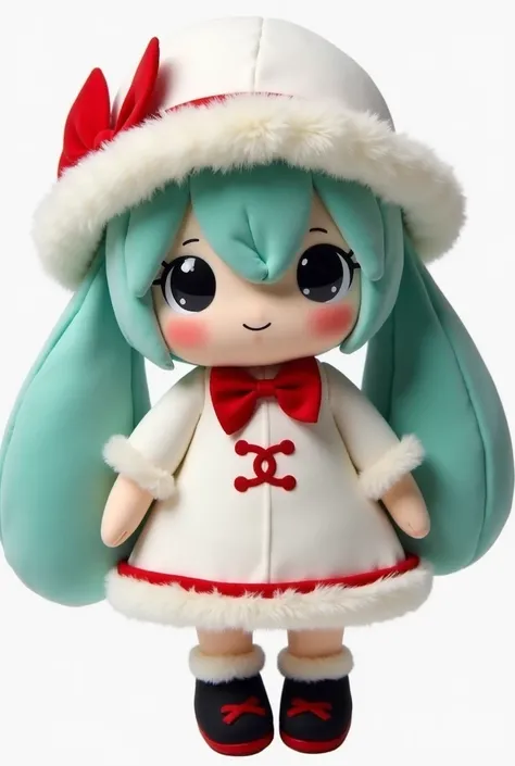 Picture of a girl's little plush toy。The plush is made of soft and cuddly fabric、It has button eyes and a friendly look。She has long teal twin tails、hat with white fur trim、A white dress with red accents and white fur trim、wears black shoes with red accent...