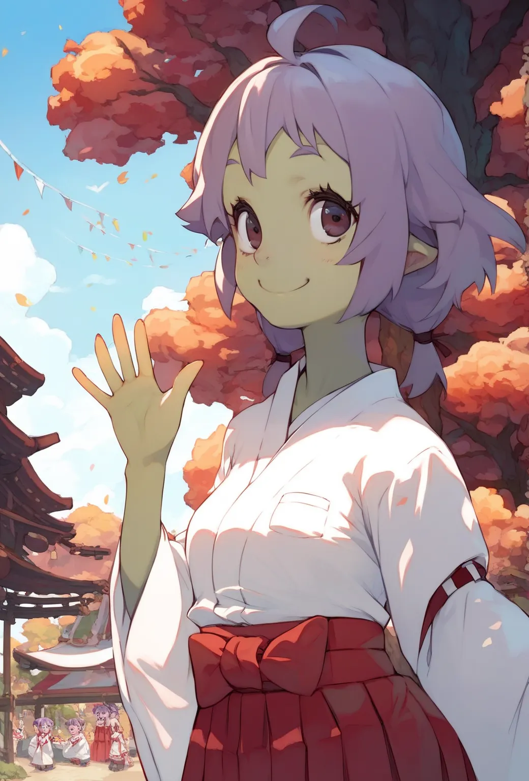 score_9, score_8_up, score_7_up, score_6_up, source_anime, 1girl, solo, Haruna, tsharuna, green skin, (miko clothes, red hakama and white yukata), small breasts, waving, looking at you, smile, blue sky, trees, festival, outdoors