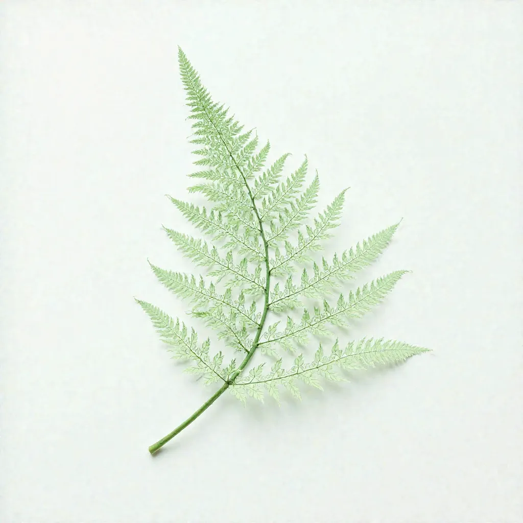 A delicate fern leaf with intricate veins and soft textures, white background