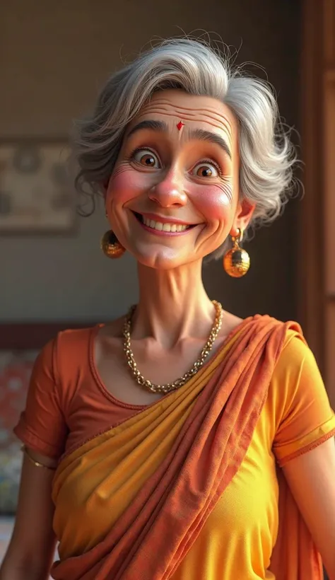 Close-up a old woman open the smiling in the house 3D animation, wear attractive clothes neck round blouse and saree, good figure,