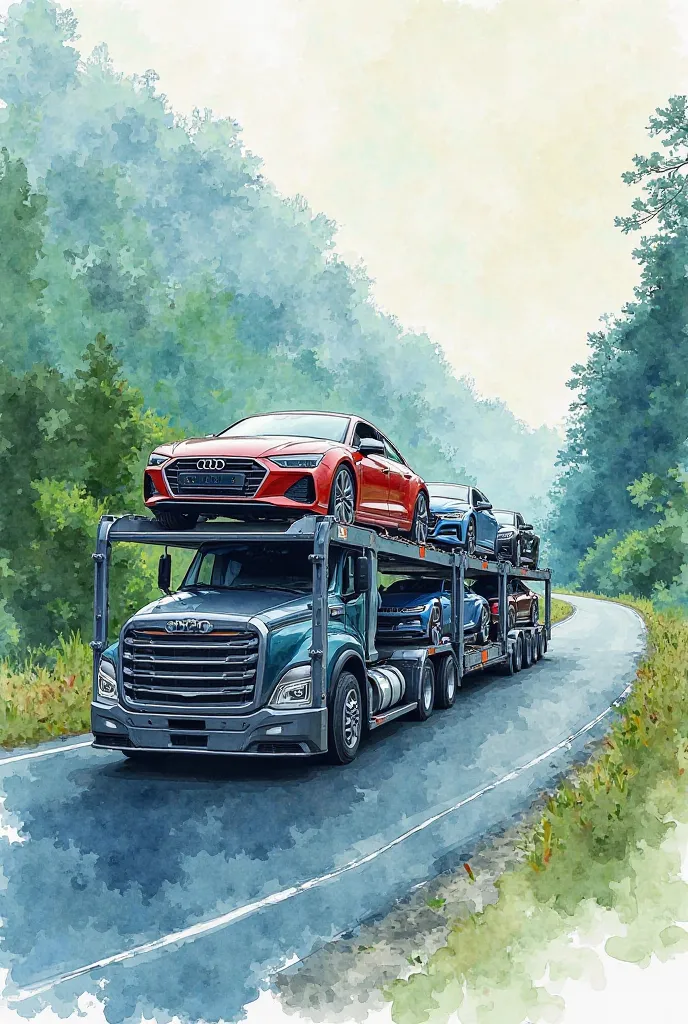 Generate a car transporter in style watercolor Seen from the side of which are the audi cars